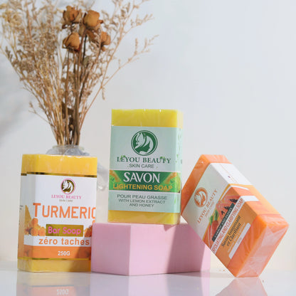 1 lemon soap, 1 carrot soap , 1 turmeric soap