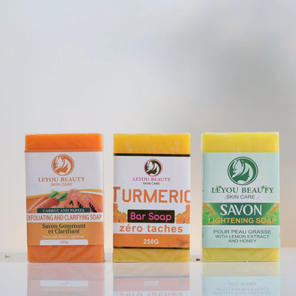 1 lemon soap, 1 carrot soap , 1 turmeric soap